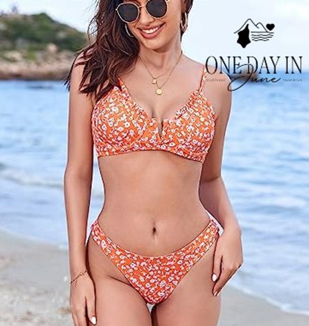 Zaful Floral Underwire Bikini Set Orange White Tie Back High Cut NWT Size L